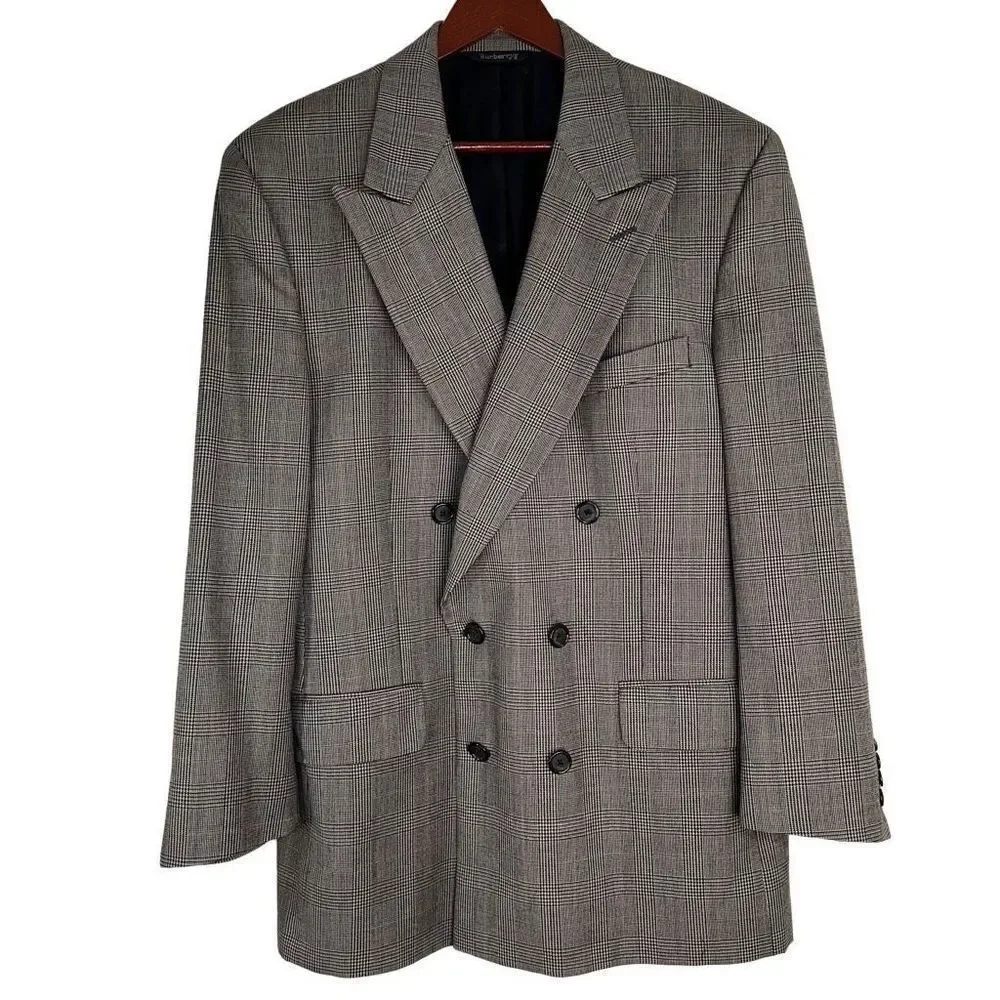 Vintage Burberrys‎ Men’s Glenn Plaid Wool Double Breasted Blazer Formal Career